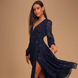 Lulus Evening Of Elegance Navy Blue Floral Jacquard Wrap Midi Dress - Size M